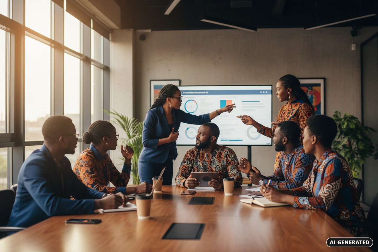 AI Generated: A diverse group of professionals in business attire and patterned shirts collaborate during a meeting in a modern office conference room.
